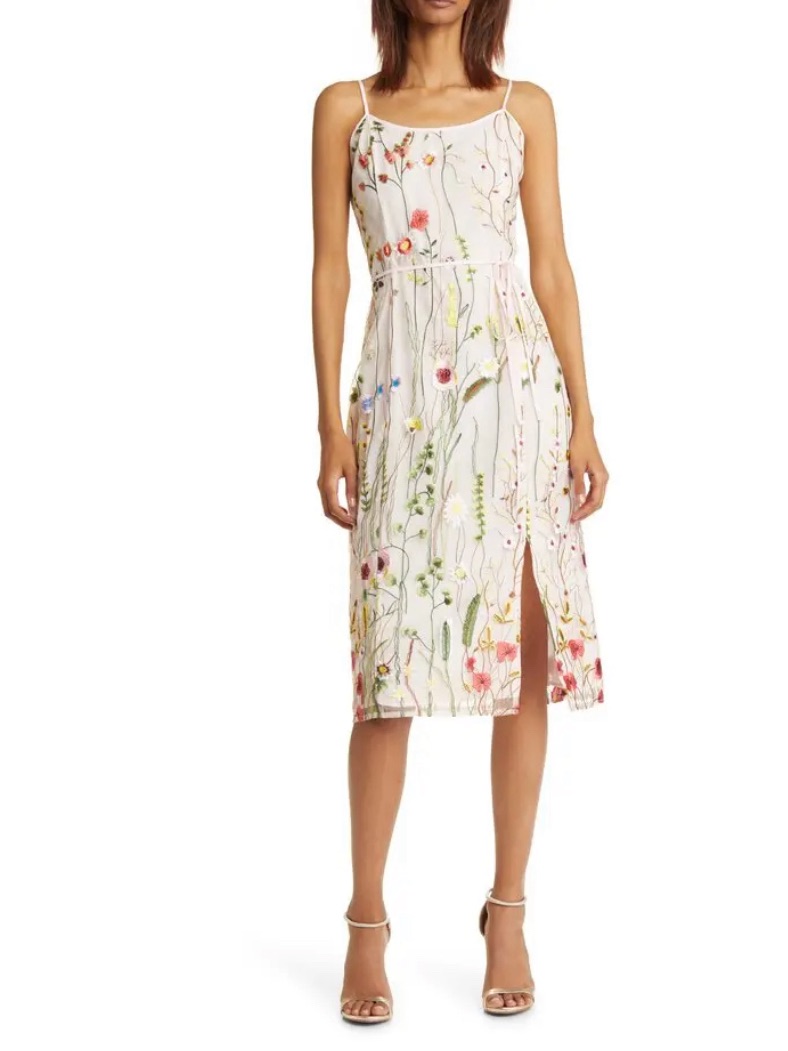 Nwt Sam Edelman Women’s Floral Stem Embroidered Midi Dress With Side Slit